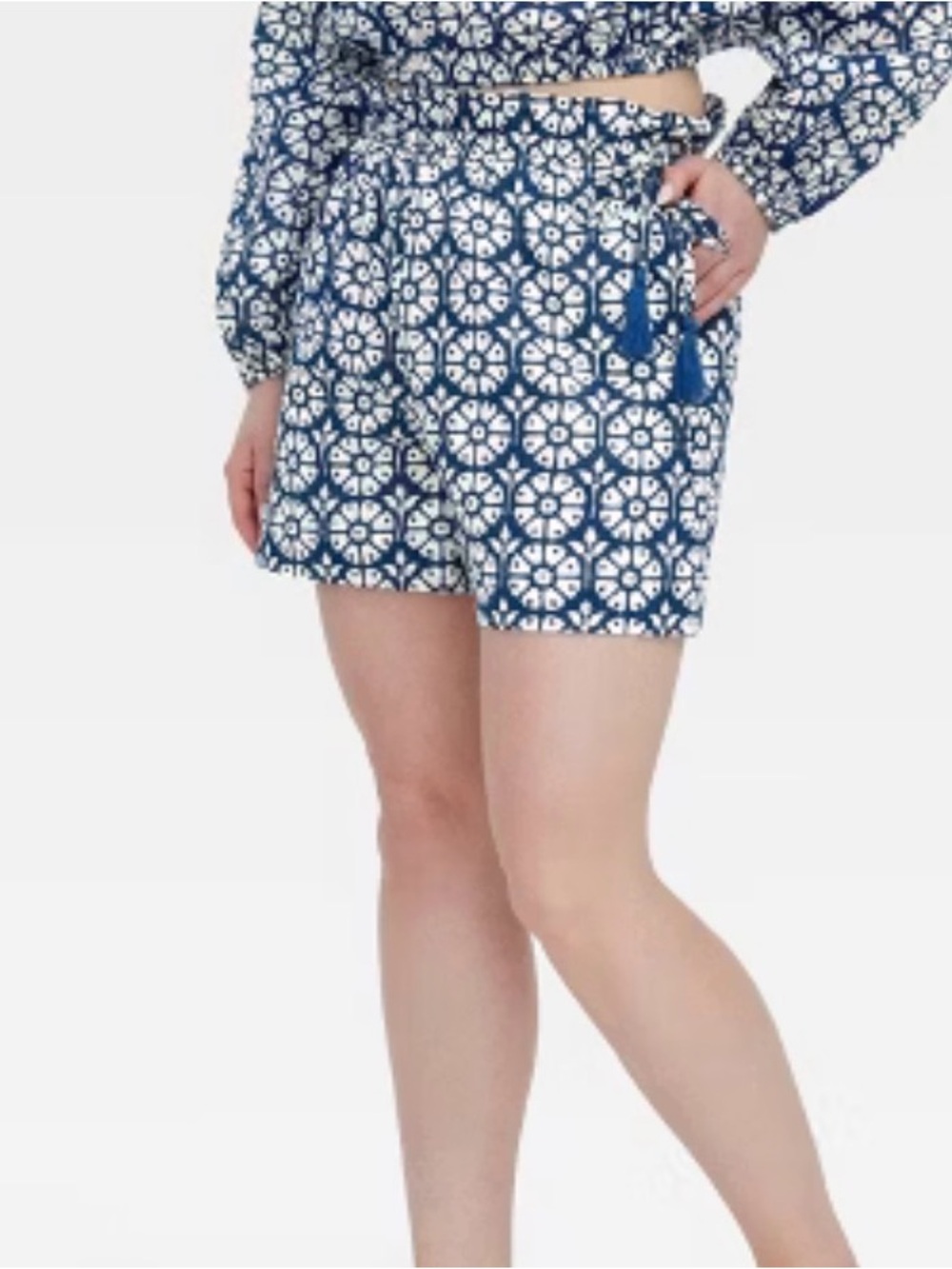 Roller Rabbit Blue and White High-Waist Printed Drawstring Shorts
